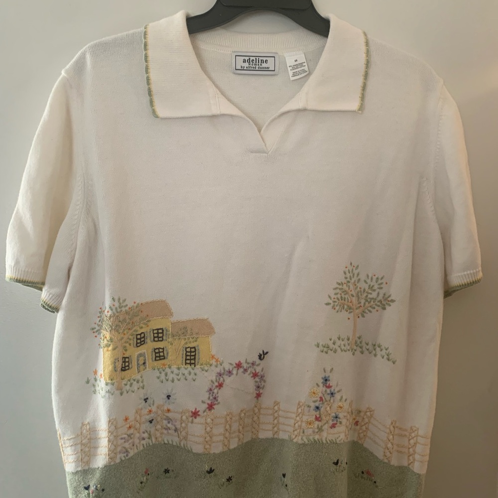 Alfred Dunner Cream Polo Knit Top - Adeline Woman cottage scenery flowers, tree